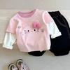 Camiseta Manga Longa Outono Nova Infantil Coreana Desenho Animado Falsa Duas Peças Gola Redonda Camisa Base da Moda para Bebê Menina