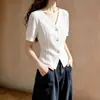 Novo Estilo de Verão Blusa de Manga Curta com Decote em V para Mulheres, Renda Lisa nas Bordas, Emagrecedor, Versátil, Estilo Roupa de Trabalho, Camiseta Curta Elegante