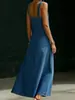 Vestido jeans estilo europeu e americano, vestido longo de verão liso com botões diagonais e alças largas, vestuário feminino transfronteiriço da Amazon