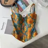 Top Regata de Verão Estilo Campo Francês para Mulheres com Estampa de Girassol e Corset de Espinha de Peixe