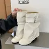 Bota corta de cuero genuino de 7 cm de altura que aumenta la estatura, con hebilla de cinturón, tacón grueso, bota apilada adelgazante, bota de montar para mujer