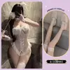 Pijama sexy de encaje transparente con abertura en la entrepierna para mujer, uniforme erótico, set de cosplay para coquetear, lencería sexy, conejita juguetona