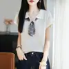 Camiseta de punto Tencel con cuello polo de manga corta para mujer, Top de verano con bloque de color y cinta de seda, Prenda básica holgada de media manga