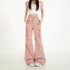 Jeans Acampanados Casuales de Algodón Puro de Moda para Mujer, Corte Holgado con Bolsillos de Parche, Patchwork Desconstruido a la Moda, Pantalones Acampanados No Ajustados