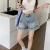 Shorts Jeans Rasgado com Franjas Estilo Retro Americano Feminino Spice Girls Cintura Alta Emagrecedor Listrado Perna Larga Forma A Calça Listrada Hot Pants