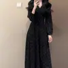 Vestido Longo de Manga Comprida com Gola V e Bolinhas em Estilo Francês, Novo Estilo Outono 2025, Muito Bonito e Elegante, Vestido Longo que Marca a Cintura