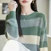 Suéter de Punto a Rayas con Bloques de Color Estilo Coreano para Mujer, Cuello Redondo Holgado Adelgazante de Moda, Capa Base para Suéter de Otoño/Invierno