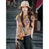 Ropa Femenina Estilo Chino Nuevo 2025 Nuevo Estilo Diseño de Camisa Nicho Camisa de Manga Corta Estampada Botones Cuello Alto Superior