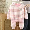 Conjunto de pijama de oso a rayas para niños, unisex, ropa de estar gruesa para otoño/invierno, colección de otoño, ropa para niños, forro polar de doble cara