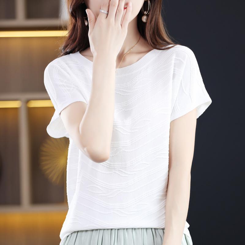 圆领天丝短袖T恤女针织百搭夏季新款曲珠冰丝打底体恤上衣女薄款