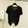 Nova camiseta fina de algodão de verão para mulheres, gola V, manga curta, cor sólida, corte solto, versátil, plus size, top de meia-manga