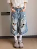 Jeans Retro Desgastados Rasgados de Talla Grande Europeos y Americanos para Mujer Verano 2025 Nuevos Pantalones Cropped de Pierna Ancha Ajustados de Calle