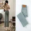 Calça Reta com Franjas Feminina Tamanho Pequeno Jeans Cropped Outono Cintura Alta Tecido Macio Slim-fit Tubinho Estreito com Fenda