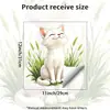 Adhesivo electrostático para ventana de gato blanco lindo con patrón de hierba fresca para decoración de puerta de cristal de balcón