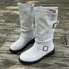 Botas Western Cowboy Retrô Ouxuan Femininas Novas Camurça Bico Redondo Salto Grosso Fivela Botas Empilhadas Marrom Cano Alto