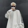 Jaqueta moletom oversized tendência estilo Hong Kong com três listras para outono e inverno, quente e forrada com fleece, moletom listrado retrô estiloso para homens