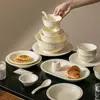Tigela de Arroz de Renda Embossada Estilo Francês, Conjunto de Tigela e Prato de Cerâmica Estilo Creme de Alta Qualidade para Uso Doméstico, com Alto Valor Estético