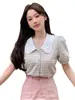Nueva Camisa de Manga Corta a Cuadros con Cuello de Muñeca, Camisa de Manga Abullonada, Camisa Estilo Juvenil, Chaqueta Camisa de Mujer de Gama Alta Estilo Occidental