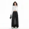 Pantalones de Cuadros Negros Patchwork de Cintura Alta Pierna Ancha para Mujer, Temporada Primavera/Otoño, Estilo Retro Americano Sueltos con Caída Rectos Casuales de Moda