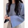 Suéter tejido casual de manga larga estilo francés para mujer, holgado y versátil, top corto, suéter de cuello redondo único tipo jersey para personas petite