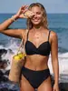 Artículo popular de comercio exterior 2026: Bikini de dos piezas de color liso de alta gama con nudo retorcido, tirantes finos, push-up y diseño de cordón para mujer