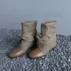 Versão em Couro~Botas de Cano Curto com Cadarço para Aumentar a Altura Estilo Retrô Nicho Botas Curtas Patchwork Femininas 2026 Novo Estilo Botas de Cowboy Western