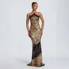 Verano Nuevo para Mujer Estampado de Leopardo Patchwork Encaje Profundo Halter en V Sexy Camisola Cola de Pez Vestido Largo