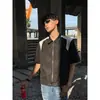 Camisa de Manga Corta con Empalme de Color Contrastante Hombros Acolchados para Hombre Diseño de Nicho de Alta Gama Camisa de Media Manga Plegada de Nylon