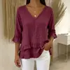 Ropa Casual Transfronteriza Europea y Americana para Mujer, Top de Manga Media con Cuello en V y Doble Capa de Volantes en el Dobladillo, Corte Holgado, Efecto Adelgazante, Exportación al por Mayor