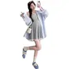 Maternidad 2025 Verano Nuevo Estilo Pequeño Mamá Caliente Ropa Exterior Encaje Chaleco Vestido Camisa Rayada Azul Conjunto de Dos Piezas
