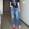 Pantalones Rectos de Pierna Ancha con Agujeros Nuevos de Verano 2025 Estilo Occidental Reductores de Edad Pantalones Estrechos de Pierna Ancha con Tela de Mezclilla Delgada y Borde