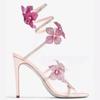 Sandalias Únicas de Serpiente con Tira Fina Enrollada para Mujer, Nuevo Modelo Verano 2026, Punta Redonda, Punta Abierta, Tira Única, Tacones Altos Florales con Pedrería