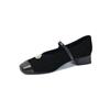 Sapatos de couro MaryJane 2025 com salto baixo grosso, bico quadrado, camada única, estilo francês, com flor de pérola e cashmere anti-lã, tamanho feminino