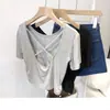 Camiseta Feminina de Manga Curta Slim Fit Estilo Coreano Nova Verão 2026 com Design Elegante nas Costas Cruzadas
