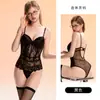 Conjunto de Uniforme Guiruo Sexy de Lencería de Malla con Lunares y Encaje Acolchado con Aros Fruncido Ajustado de una Pieza con Abertura en la Entrepierna 6799
