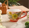 Taza de Cerámica con Relieve Pintada a Mano de Aspecto Elevado para el Hogar, Taza de Té con Flores de Gran Capacidad para la Oficina, Taza de Leche, Taza de Café