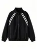 Sudadera cárdigan de punto con patchwork de rayas negras, ropa deportiva de otoño holgada para hombre, chaqueta casual para adolescentes