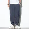 Pantalones Harem Casuales de Lino para Hombre Estilo Chino Otoño 2021 Rayas Retro Combinación de Colores Sueltos Algodón y Lino Botón de Disco