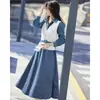Vestido versátil estilo coreano com lapela, falso duas peças para mulheres, novo estilo mais vendido com cintura de amarração, efeito emagrecedor, saia evasê color block para primavera e outono