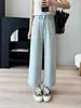 Jeans de pierna recta de dos hilos gris verdoso claro ~ Cáñamo Lyocell suaves para mujer petite de cintura alta pierna recta 9 puntos pierna ancha verano nuevo estilo