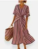 Amazon Europeia e Americana Decote V Feminino Moda Elegante Vestido Estampado com Listras para o Trabalho Feminino