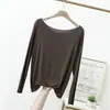 Camiseta base de algodão modal para primavera e verão para mulheres, camiseta de manga comprida plus size, corte solto, sem costura, ombro a ombro, top fino