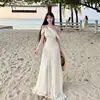 Vestido Largo de Diseño Retorcido Asimétrico Estilo Francés, Sexy y Atractivo, Malla Color Crema Sólido Ajustado