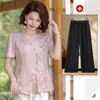 Traje de Verano Jacquard Satín Manga Corta para Madre de 50 Años Estilo Chino Extranjero Camisa Venta al por Mayor