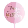 Topo de bolo redondo em acrílico com letras em folha de ouro, inserção "Feliz Aniversário", acessórios de confeitaria