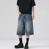 Nuevos shorts de mezclilla de verano para hombre y mujer, patrón de rayo azul retro americano desgastado, corte recto holgado, pantalones cropped, modernos