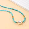 Collar de acero titanio chapado al vacío turquesa azul con cuentas de perlas de vidrio, temperamento para mujer, nuevo collar de cadena para clavícula al por mayor