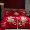 Set de Boda de Algodón con Bordado de Dragón y Fénix Juego de Varias Piezas Habitación de Boda Set de Cuatro Piezas de Algodón de Fibra Larga Ropa de Cama Festiva Roja para Boda