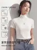 Camiseta de Manga Corta para Mujer, Ropa de Trabajo Estilo Blazer para Verano y Primavera/Otoño, Capa Base Interior, Elegante Diseño de Cuello Semi-Alto, Top de Tacto Fresco