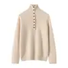 Suéter de Cashmere de Designer Outono/Inverno 2026 para Mulheres, Malha de Lã com Botões de Contraste de Cor, Caimento Solto